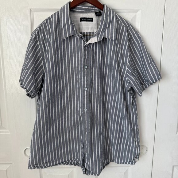 DKNY Jeans Men's Blue and White Stripe Short-Sleeve Casual Button Shirt XXL - Picture 1 of 4